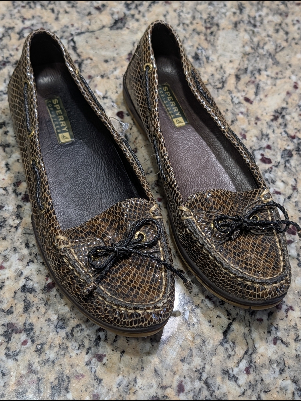 Sperry Topsider Brown Snake-Print- Leather Flats- Sz 7